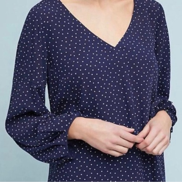Maeve Anthropologie Pernille Navy Blue Polka Dot Puffy Sleeve Blouse Medium - Picture 2 of 9